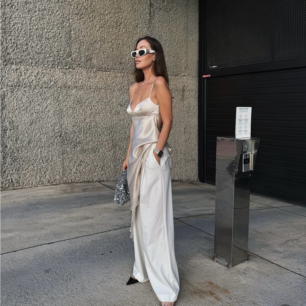 Zara Satin Lace Trimmed Slip Dress in Champagne and Ivory - Picture 2 of 10